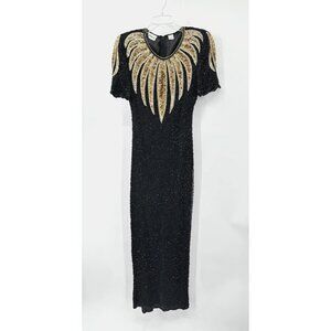 vintage 80s DENISE ELLE column dress 100% silk beaded evening cocktail party S M
